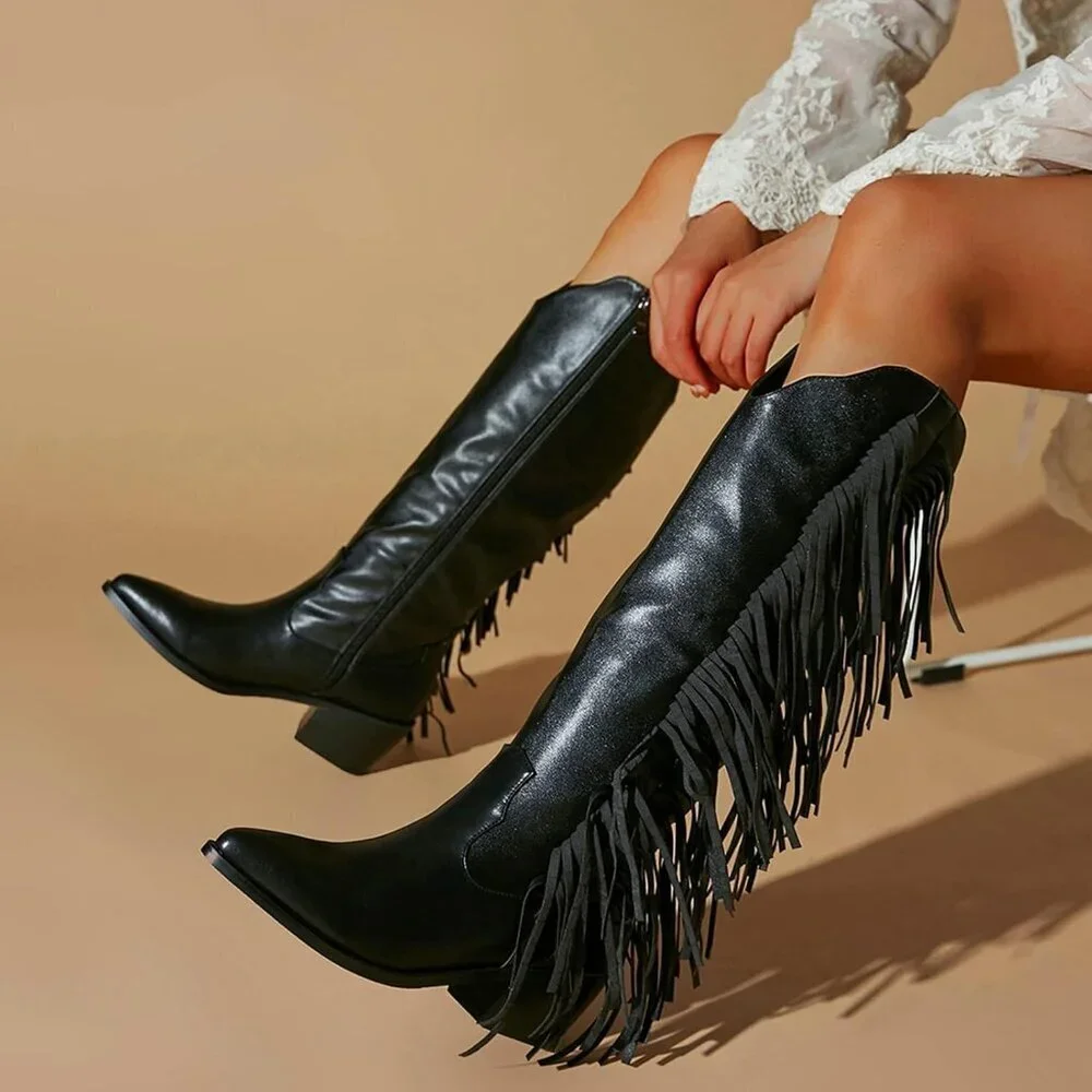 Women Black Synthetic Fringe Tassels Pointed Toe Knee High Western Cowgirl Boots